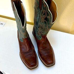 Ariat Legend Women's 7.5 Green & Brown Leather Square Toe Western Boots 10015320